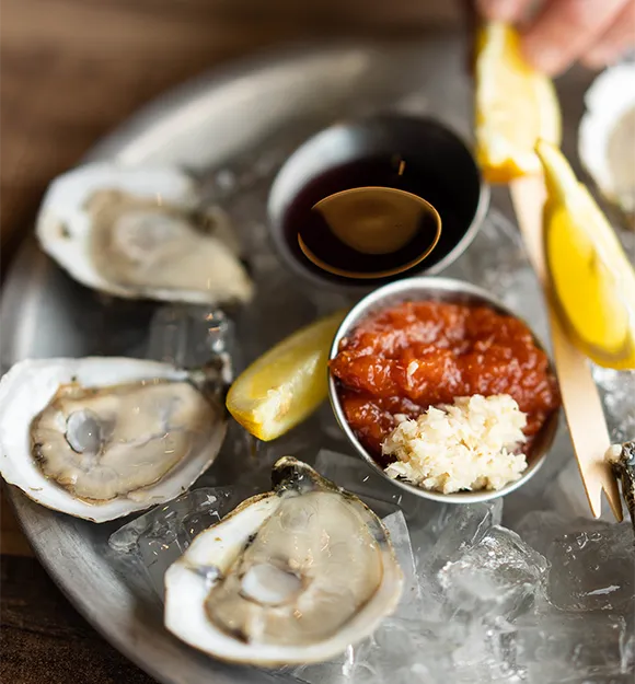 Fresh Cold Oysters with lemons, cocktail sauce and horseradish